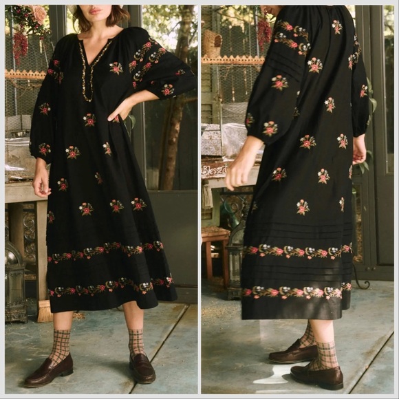 THE GREAT the prairieland Long Sleeve dress moon Floral embroidery black Sz M
